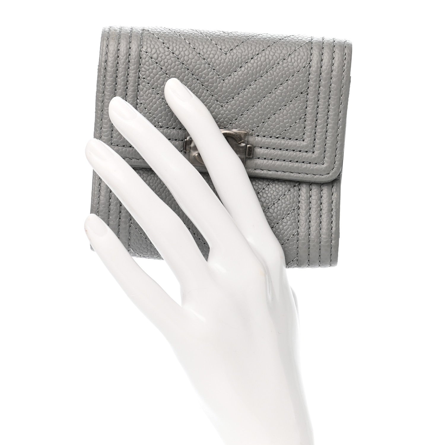 Chanel Caviar Chevron Quilted Boy Compact Wallet Grey 2 of 8