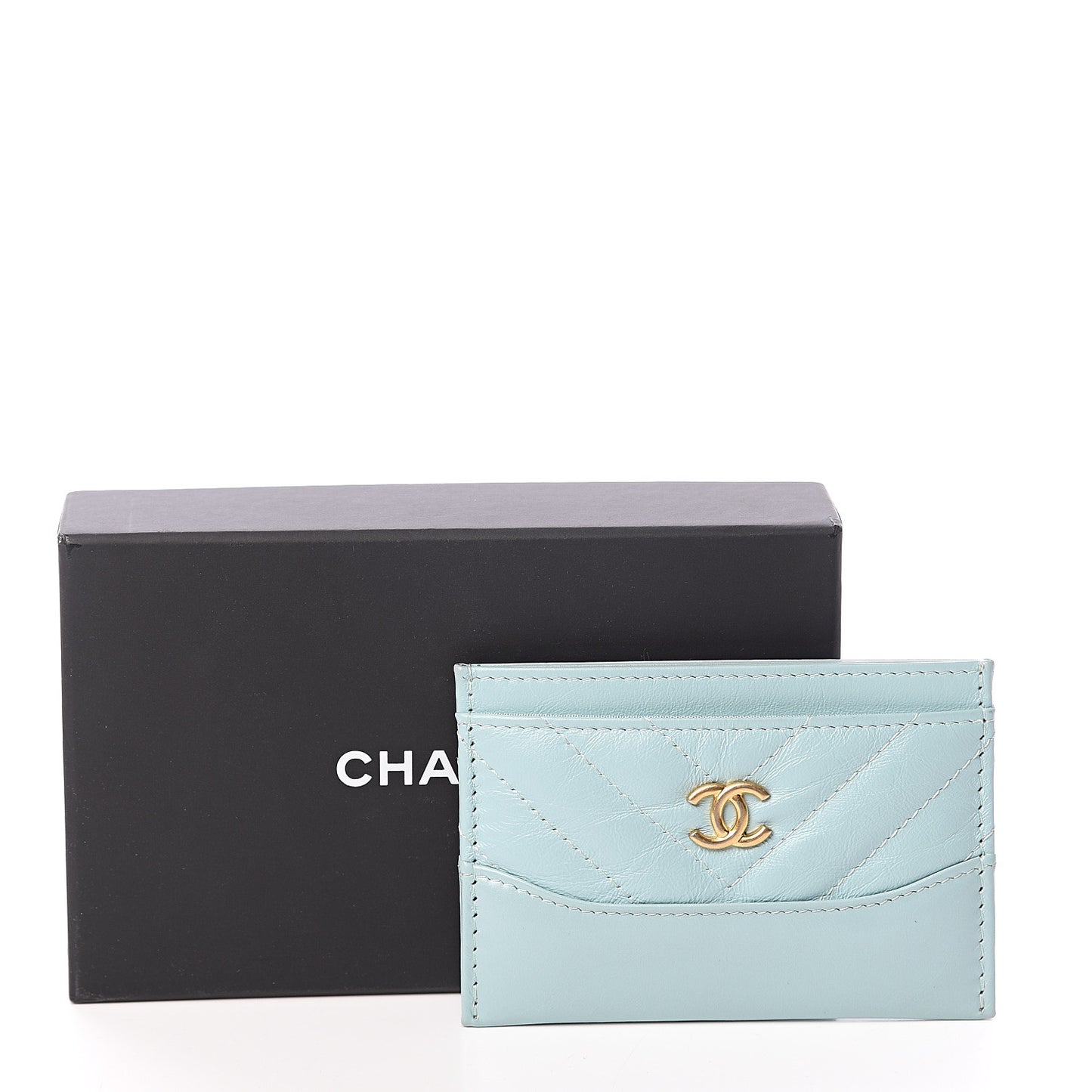 Aged Calfskin Chevron Quilted Gabrielle Card Holder Wallet Light Blue