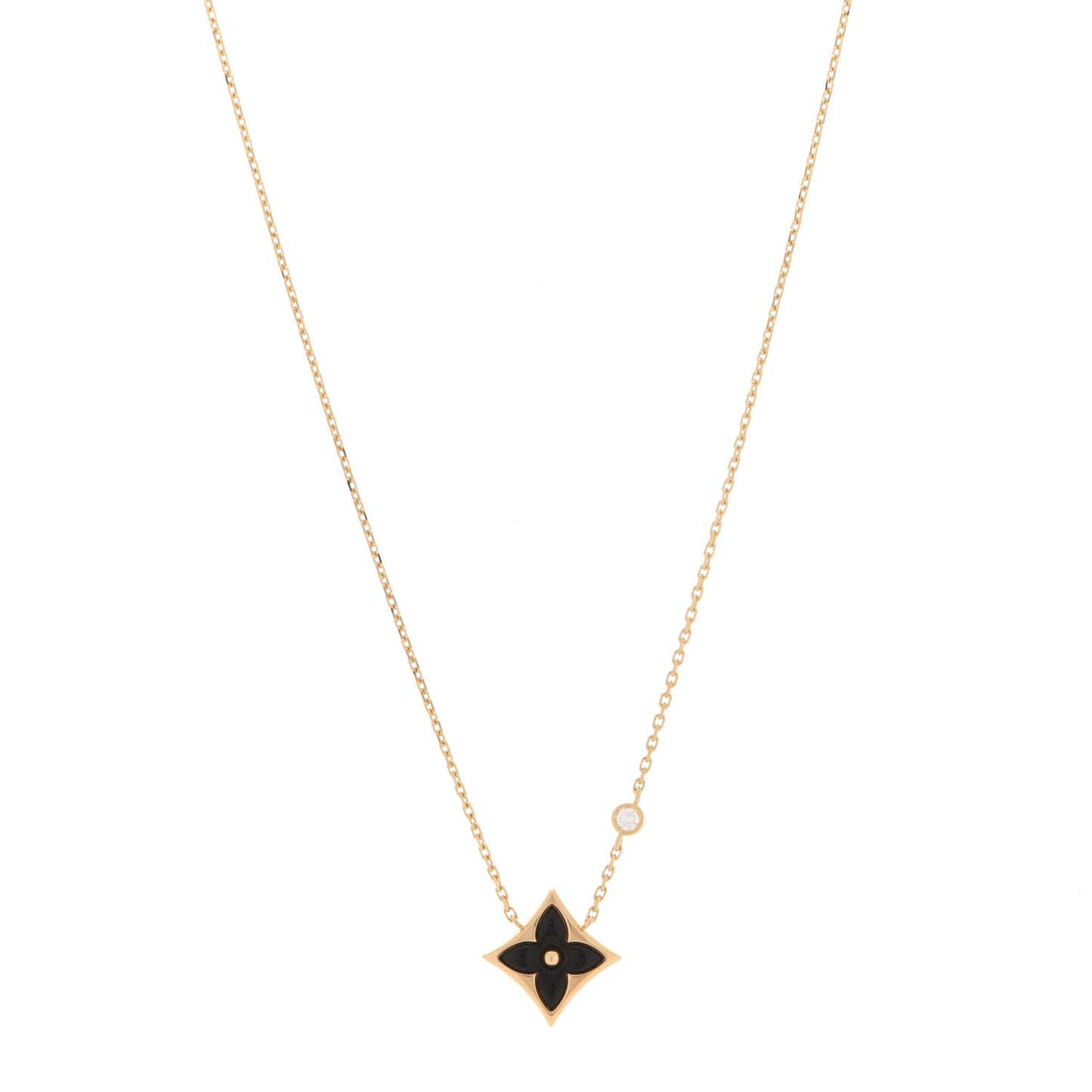 18K Yellow Gold Diamond Black Onyx Color Blossom BB Star Pendant Necklace