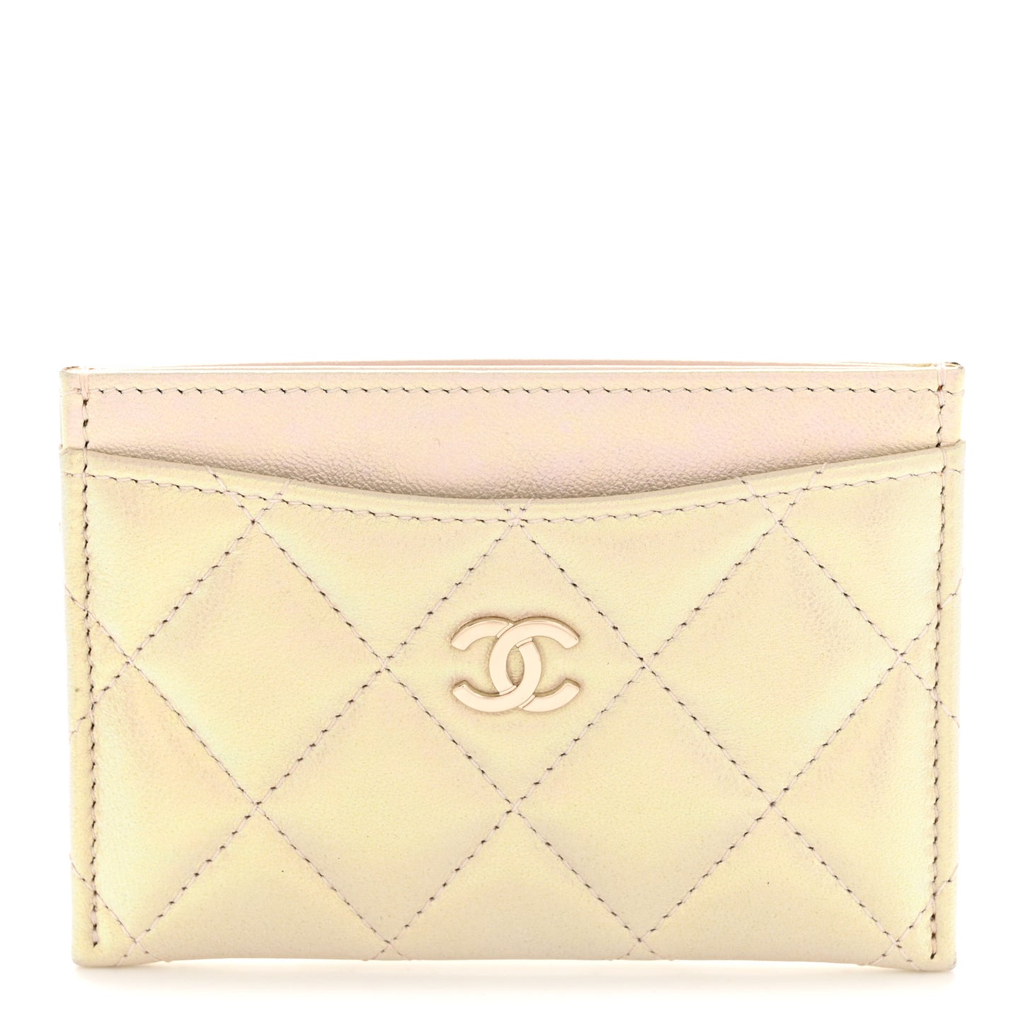 Iridescent Lambskin Quilted Card Holder Ivory