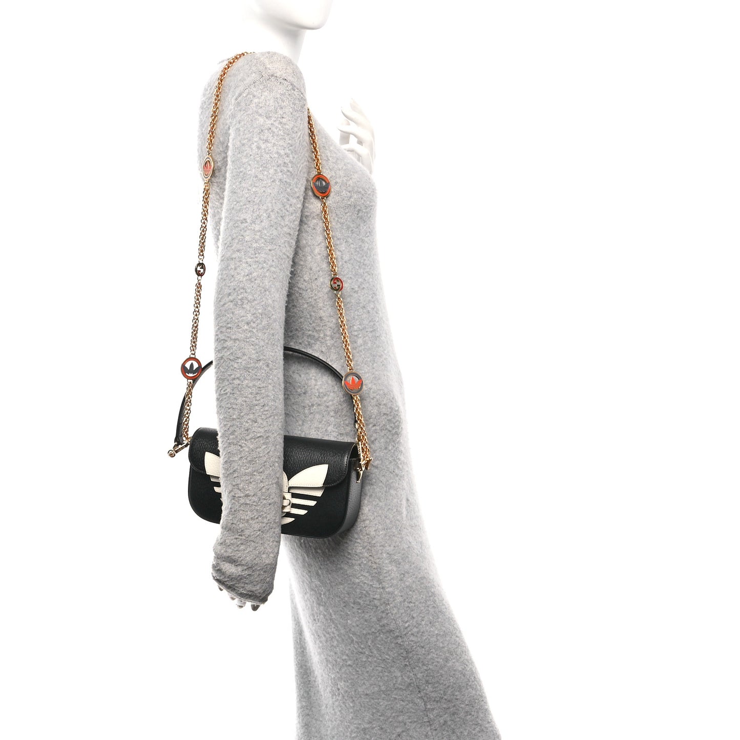 X ADIDAS Textured Dollar Calfskin Web Small Trefoil Horsebit 1955 Shoulder Bag Black Off White