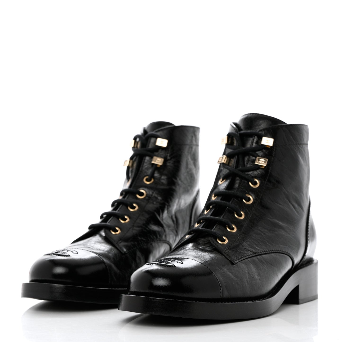 Crumpled Lambskin Shiny Calfskin Combat Boots 38.5 Black