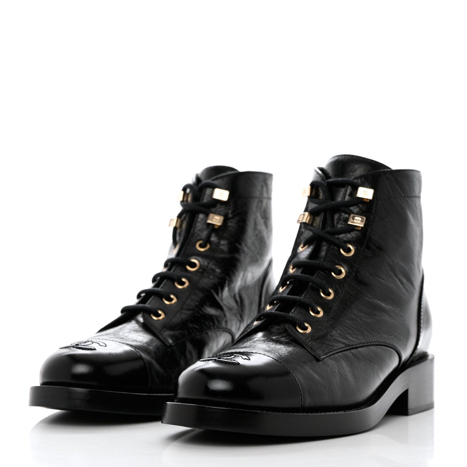 Chanel Crumpled Lambskin Shiny Calfskin Combat Boots 38.5 Black 3 of 8