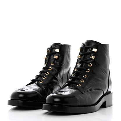 Chanel Crumpled Lambskin Shiny Calfskin Combat Boots 38.5 Black 3 of 8
