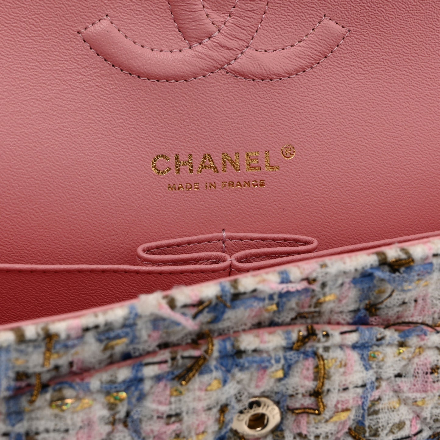 Tweed Quilted Medium Double Flap Blue Pink Gold White