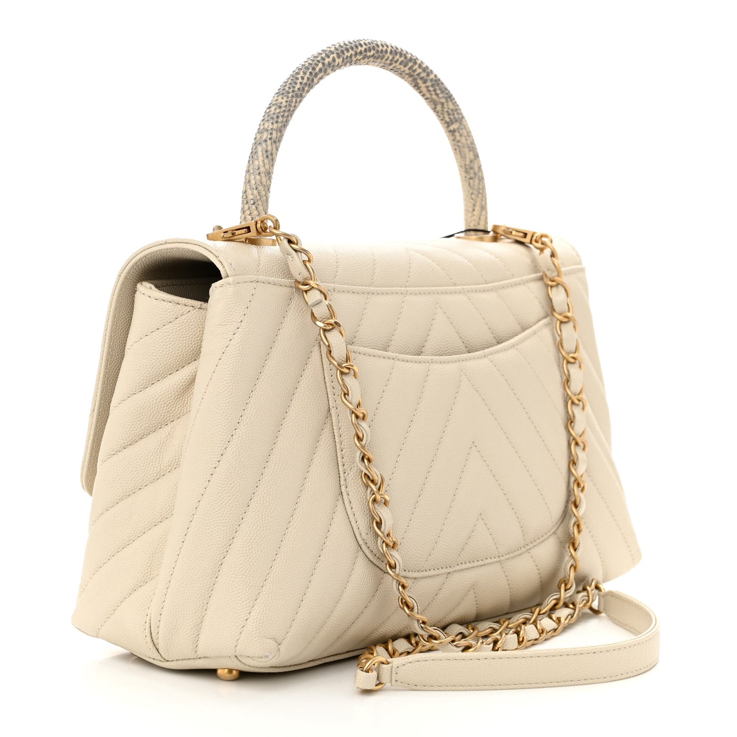 Caviar Lizard Chevron Quilted Small Coco Handle Flap Ivory
