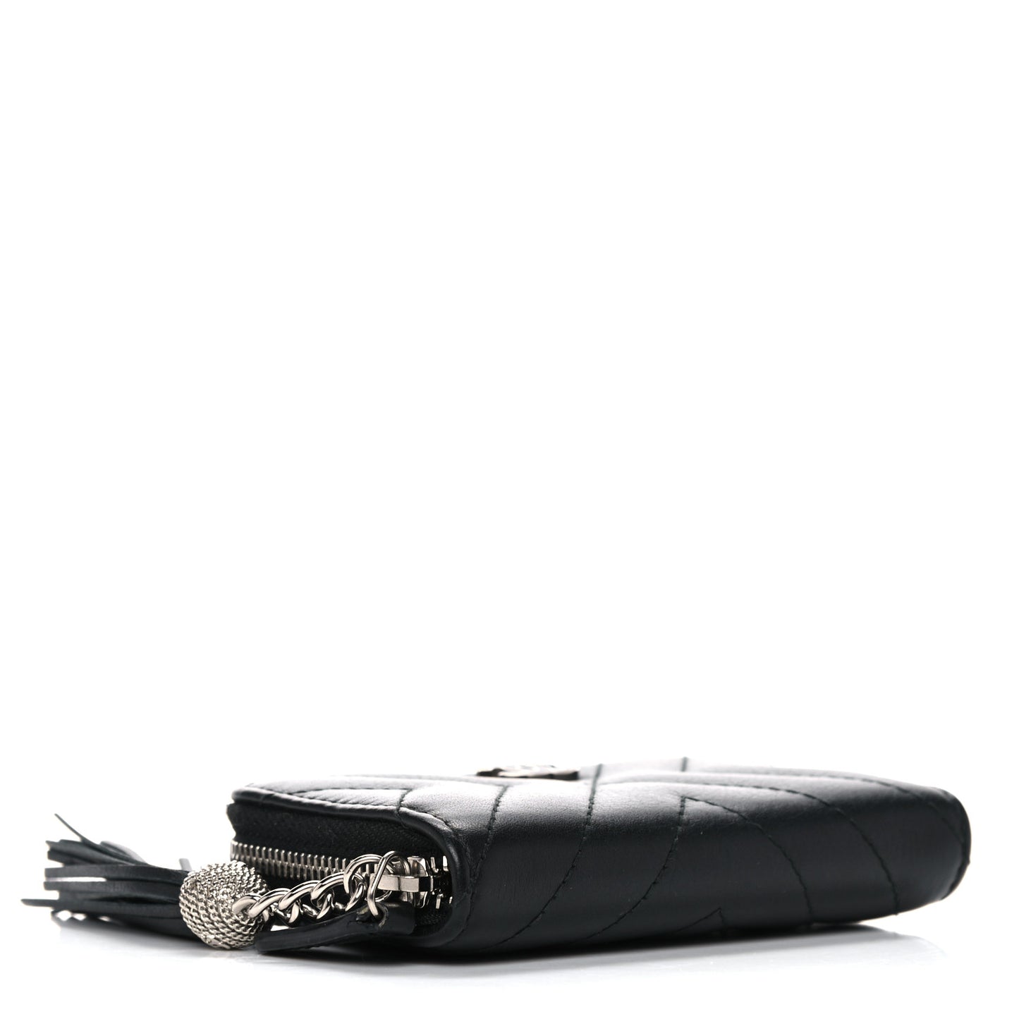 Calfskin Chevron Quilted Tassel Zip Around Coin Purse Black