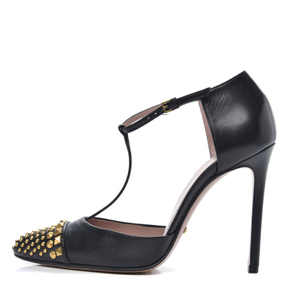 Gucci Malaga Kid Studded Cap Toe T Strap Pumps 36.5 Black 1 of 10