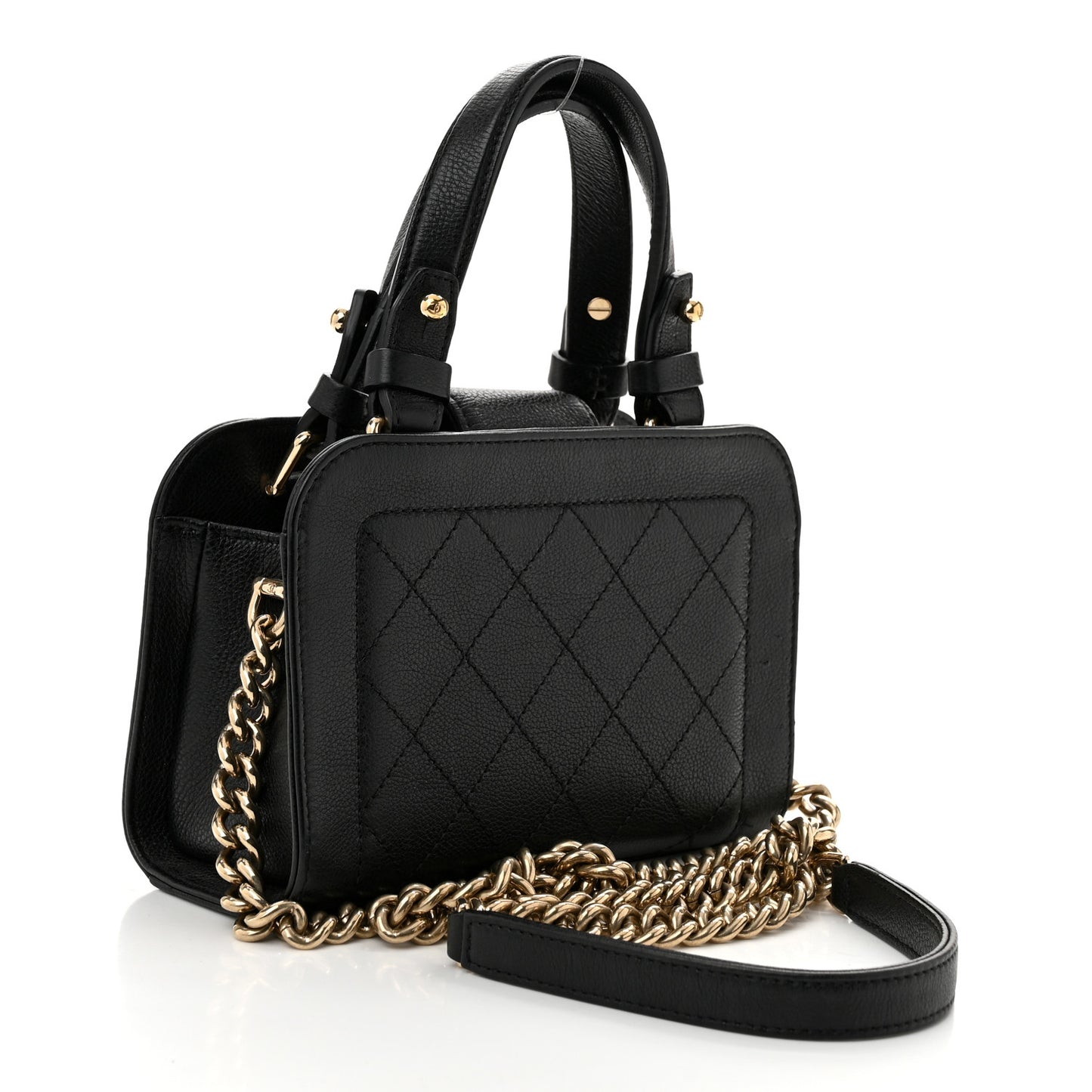 Grained Calfskin Stitched Mini Label Click Shopper Black