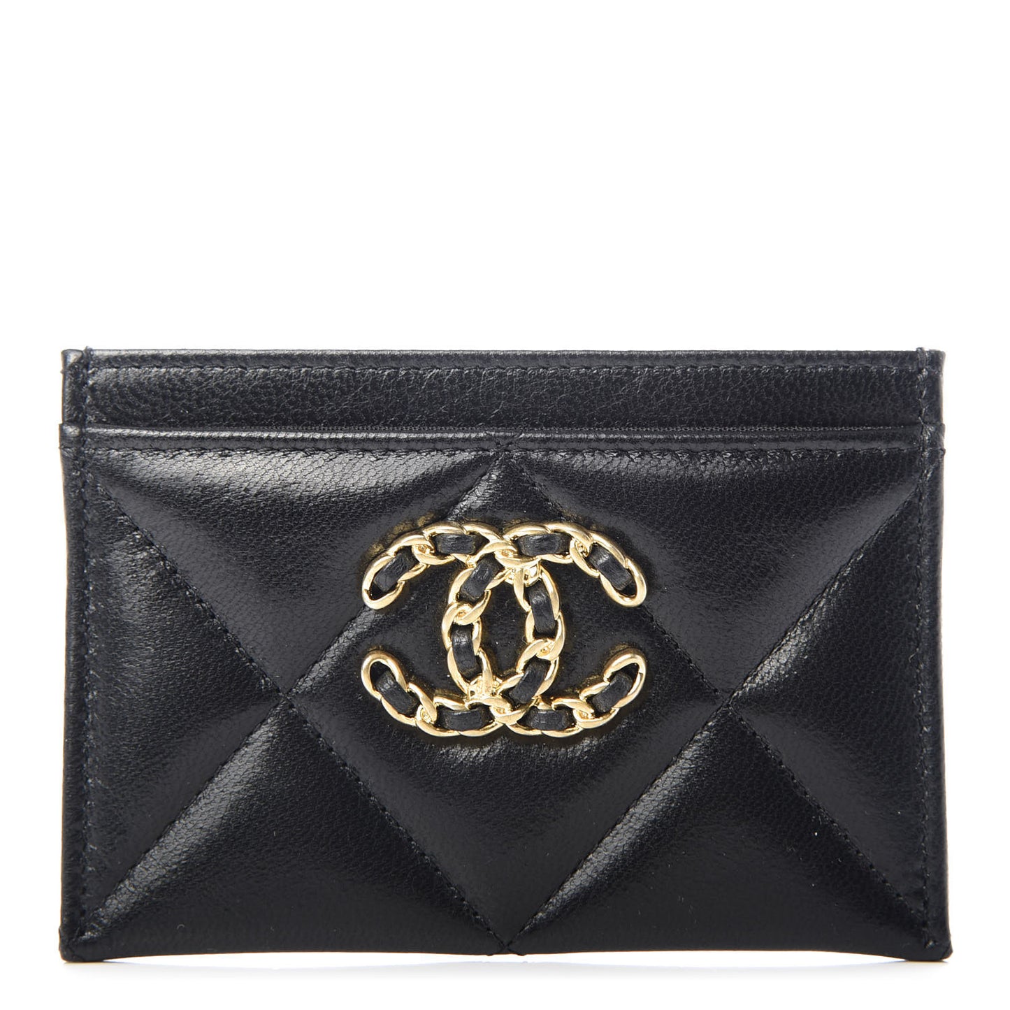 Shiny Goatskin Quilted Chanel 19 Card Holder Black