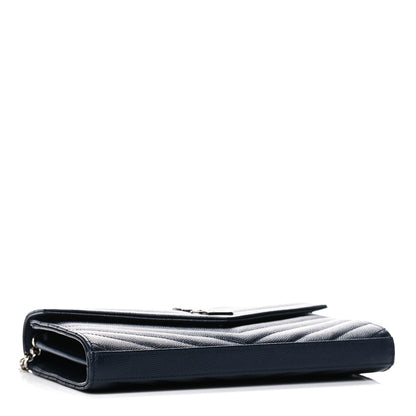 Saint Laurent Grain De Poudre Matelasse Chevron Monogram Chain Wallet Deep Marine 4 of 11
