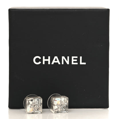 Chanel Transparent Resin Iridescent Crystal CC Cube Earrings Silver 5 of 5