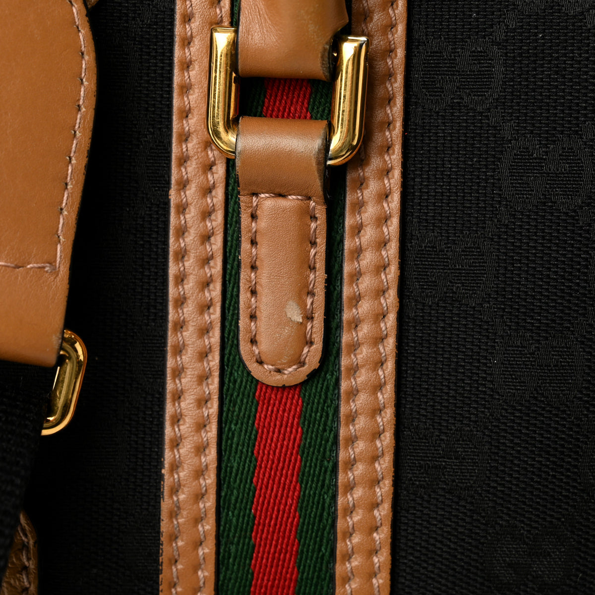 Gucci Monogram Textured Dollar Calfskin Web Mini Bauletto Duffle Top Handle Bag Black Koi Beige 12 of 13