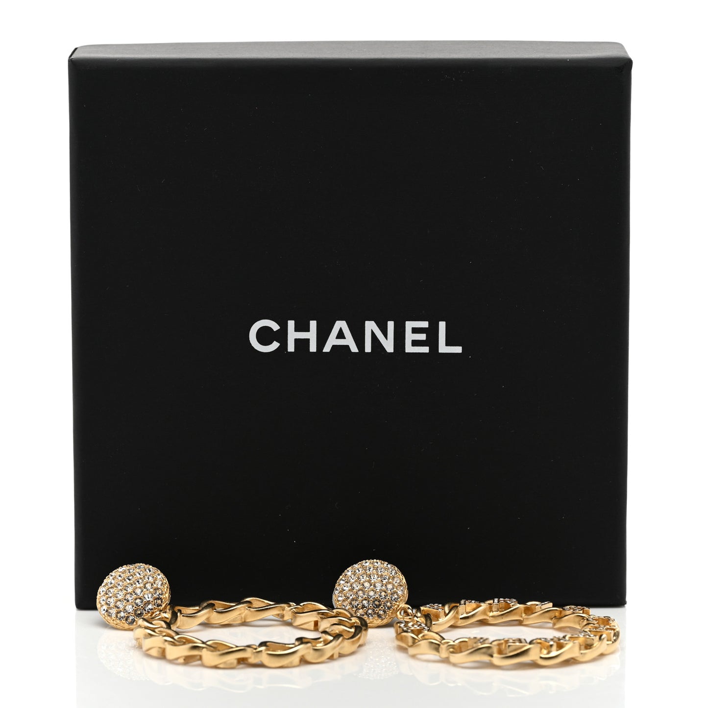 Metal Crystal CC Paris Chain Link Hoop Earrings Gold
