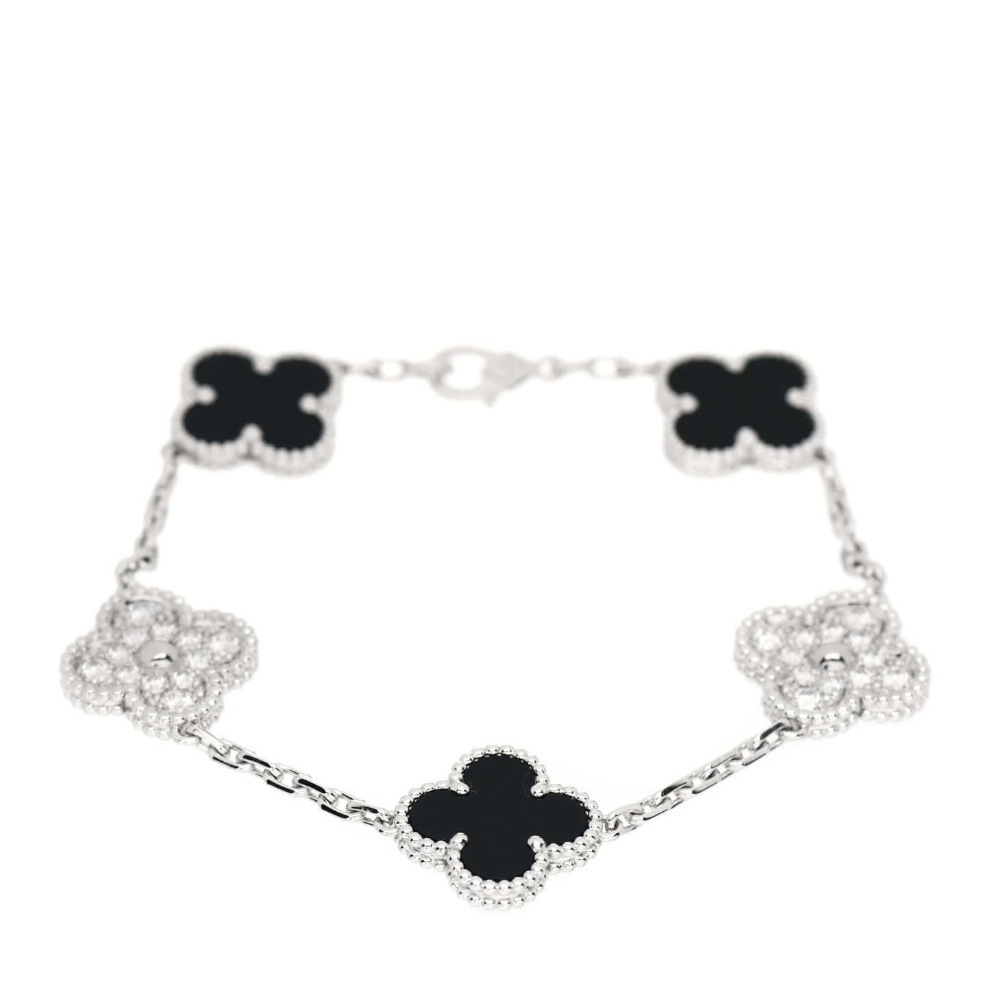 18K White Gold Diamond Black Onyx 5 Motifs Vintage Alhambra Bracelet