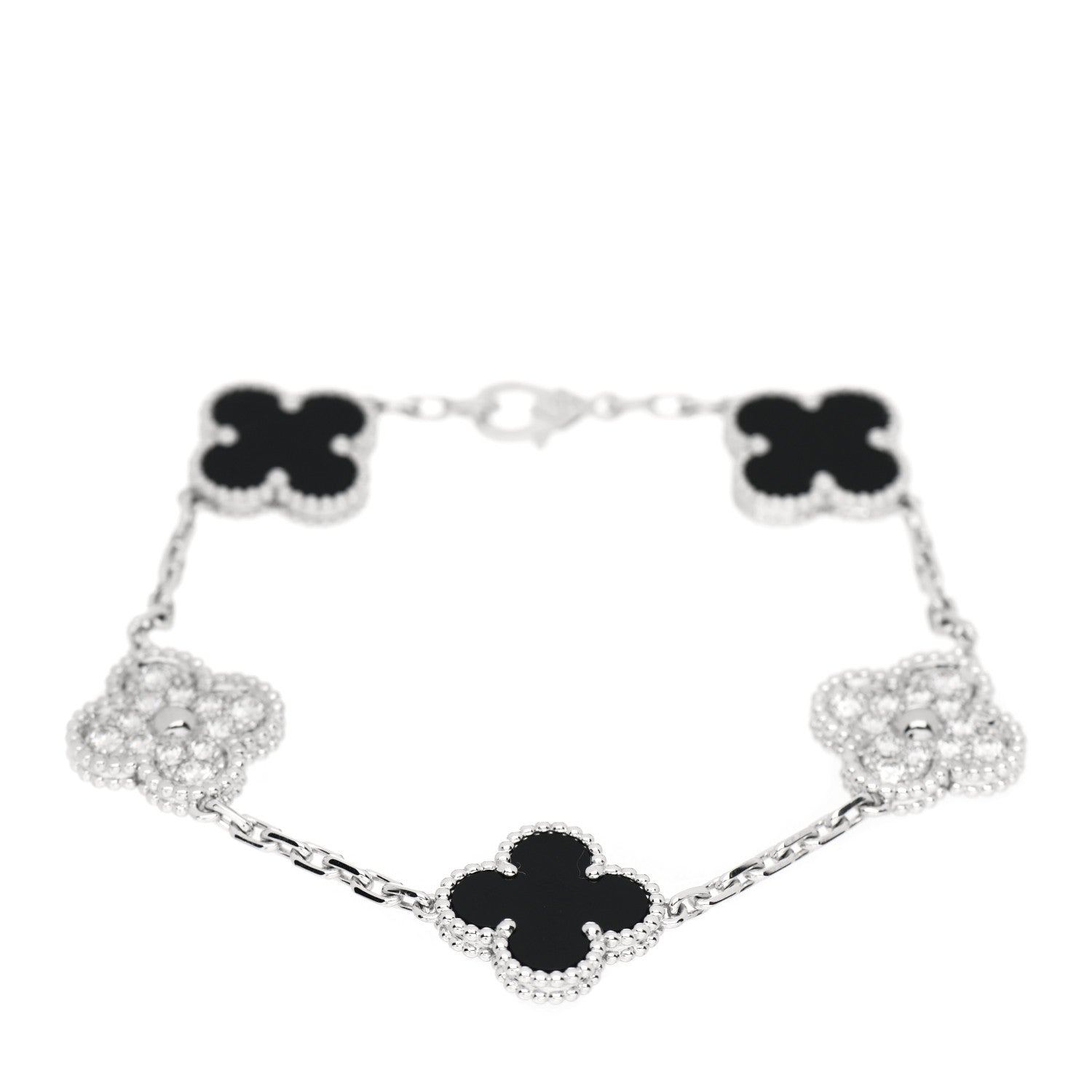 Van Cleef & Arpels 18K White Gold Diamond Black Onyx 5 Motifs Vintage Alhambra Bracelet 1 of 5