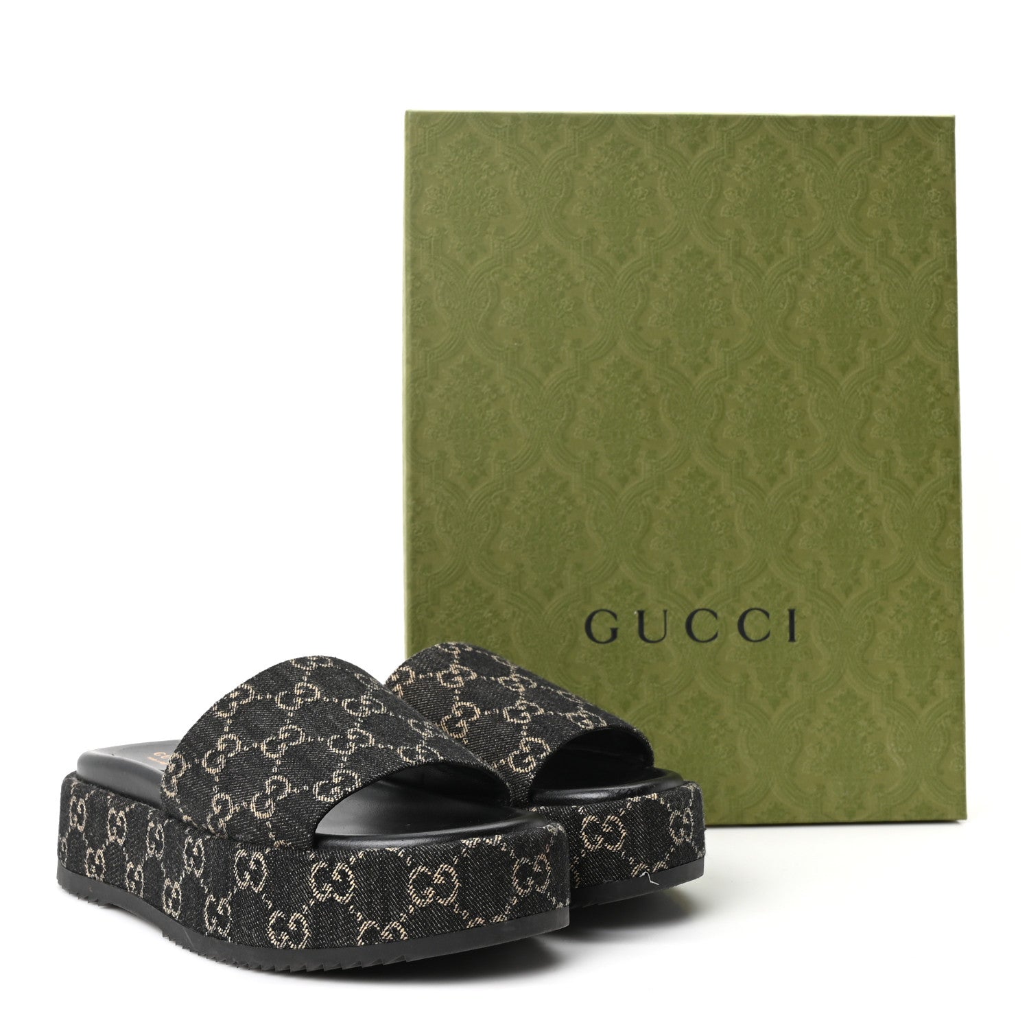 Gucci Jacquard Black Denim GG Monogram Angelina Platform 55mm Slide Sandals 39.5 Black Ivory 10 of 10
