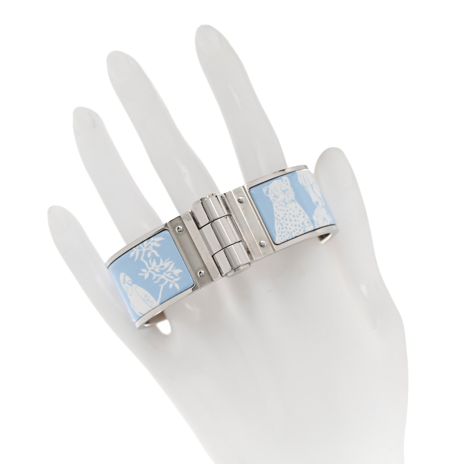 Hermes Enamel Printed Wide Charniere Tendresse Feline Tattoo Hinged Bracelet L Miami 2 of 6