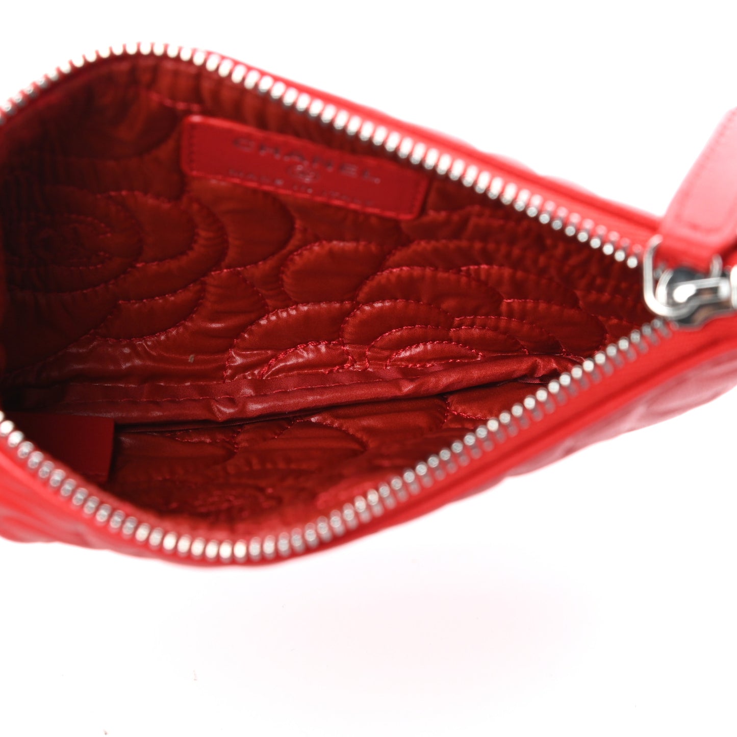 Goatskin Camellia Embossed Cosmetic Pouch Red