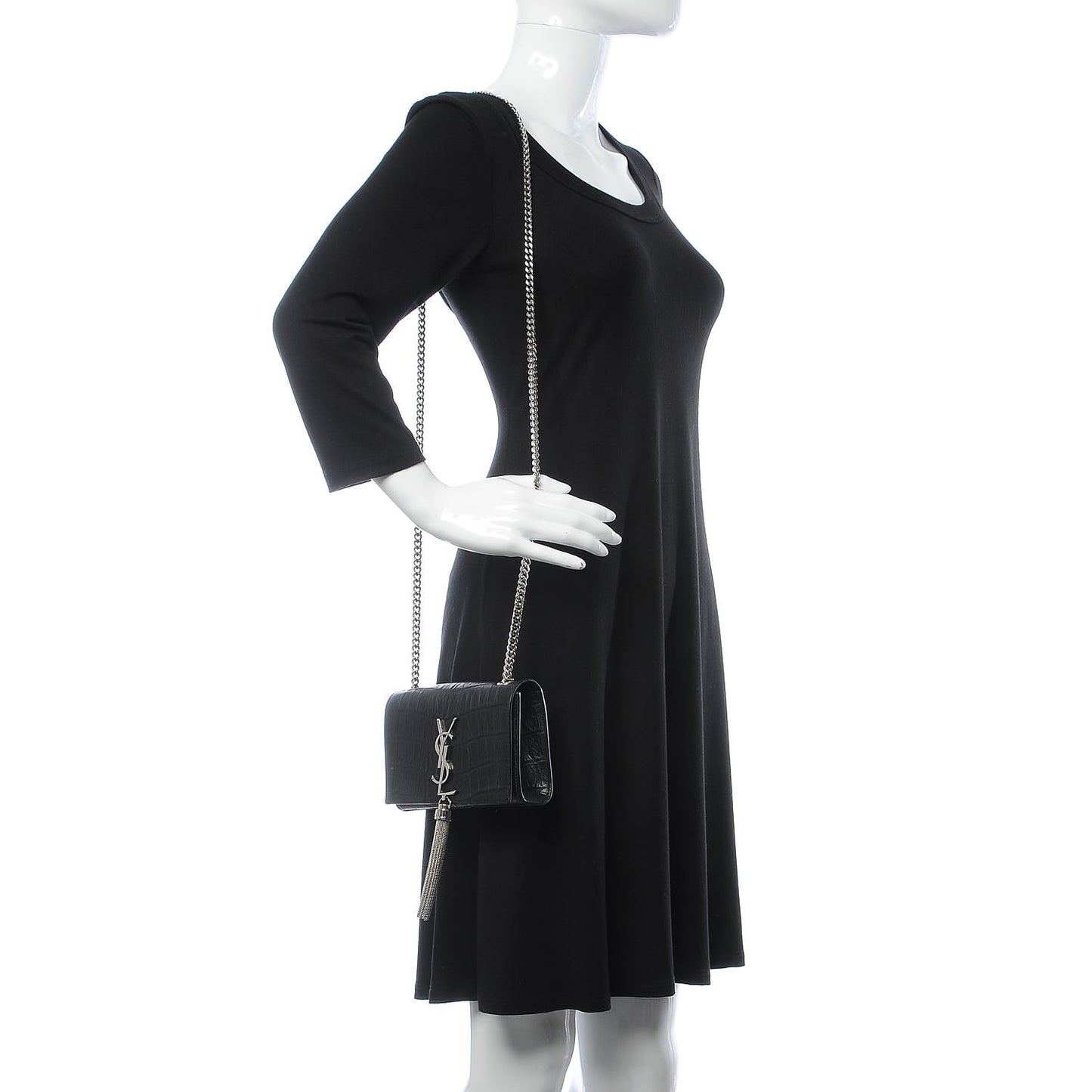 Calfskin Crocodile Embossed Monogram Small Kate Tassel Satchel Black