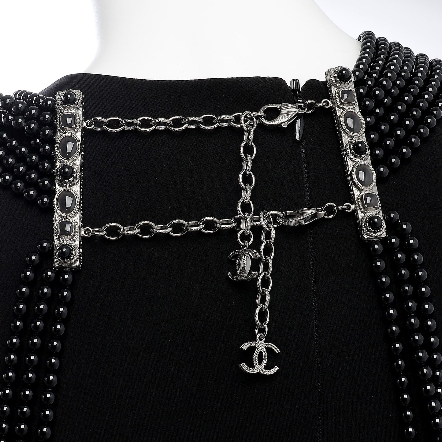 Ruthenium Beaded Gripoix CC Harness Necklace Black