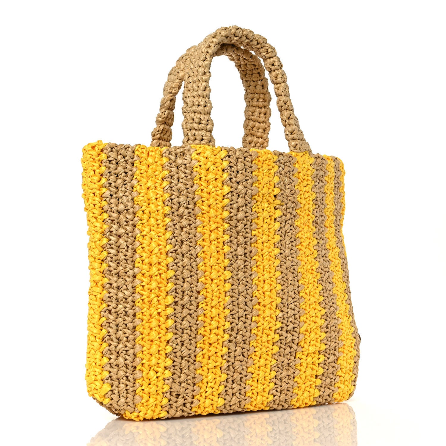 Prada Yarn Raffia Effect Crochet Striped Small Logo Tote Naturale Giallo 3 of 8