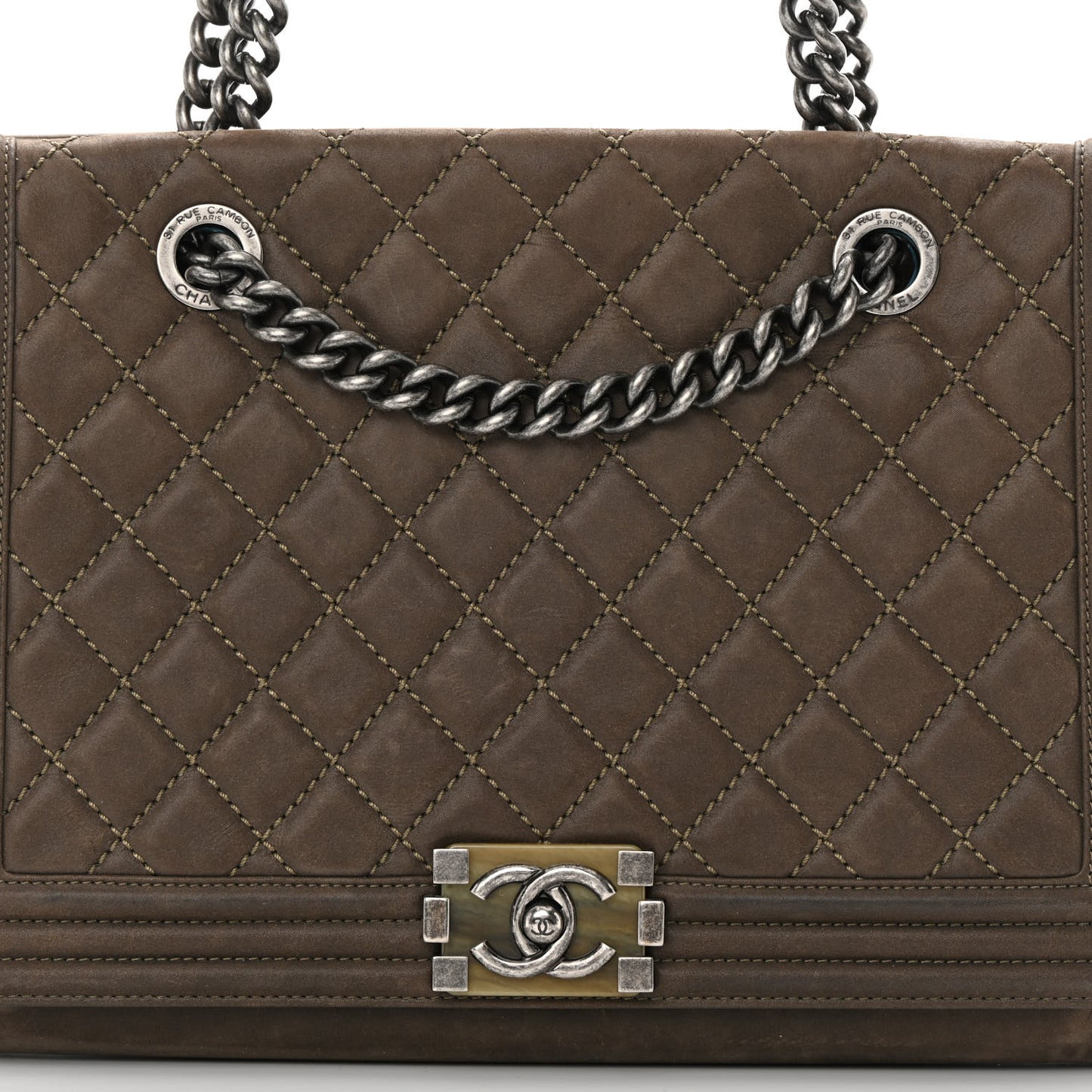 Iridescent Calfskin Stitched Large Boy Shopping Tote Dark Khaki