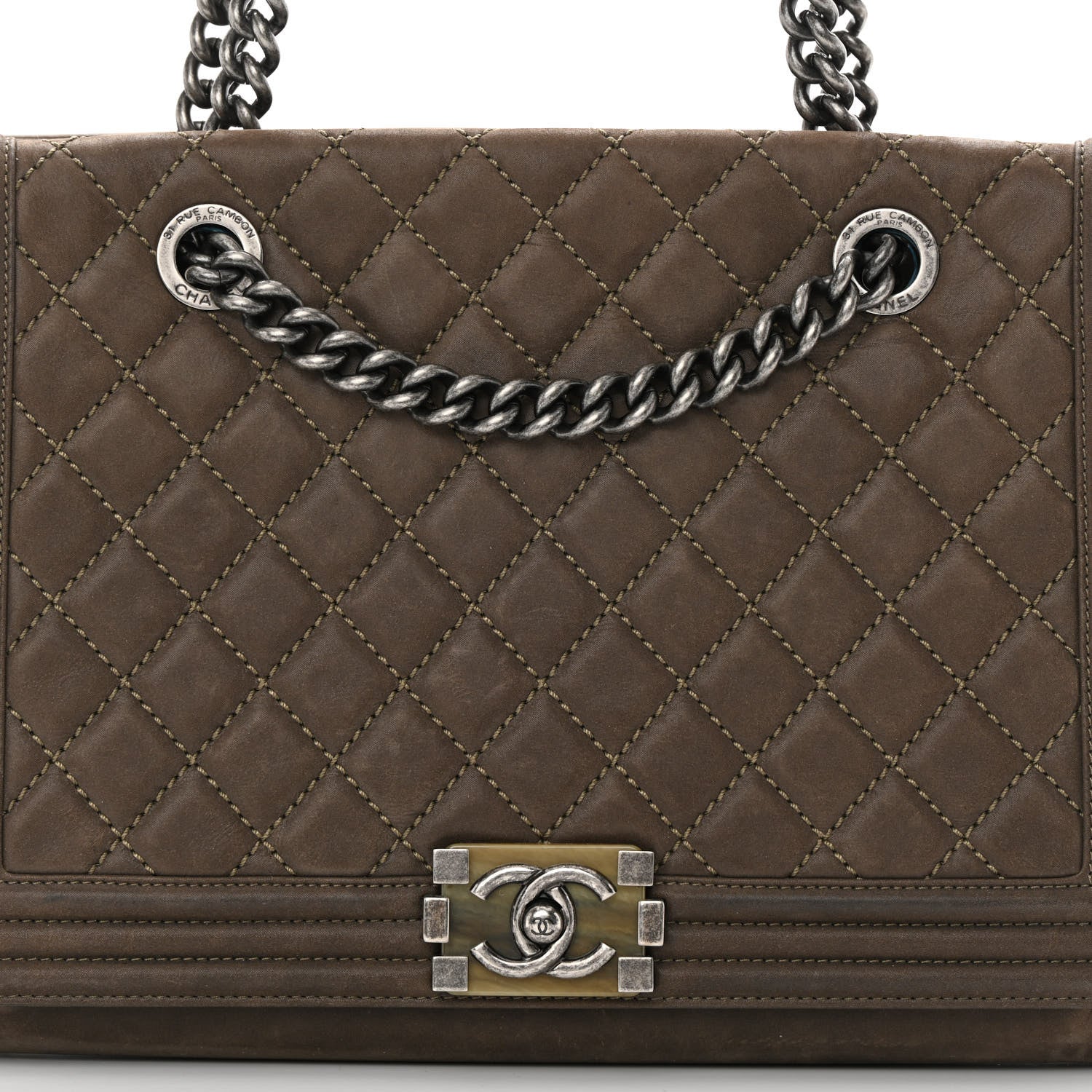 Chanel Iridescent Calfskin Stitched Large Boy Shopping Tote Dark Khaki 8 of 13