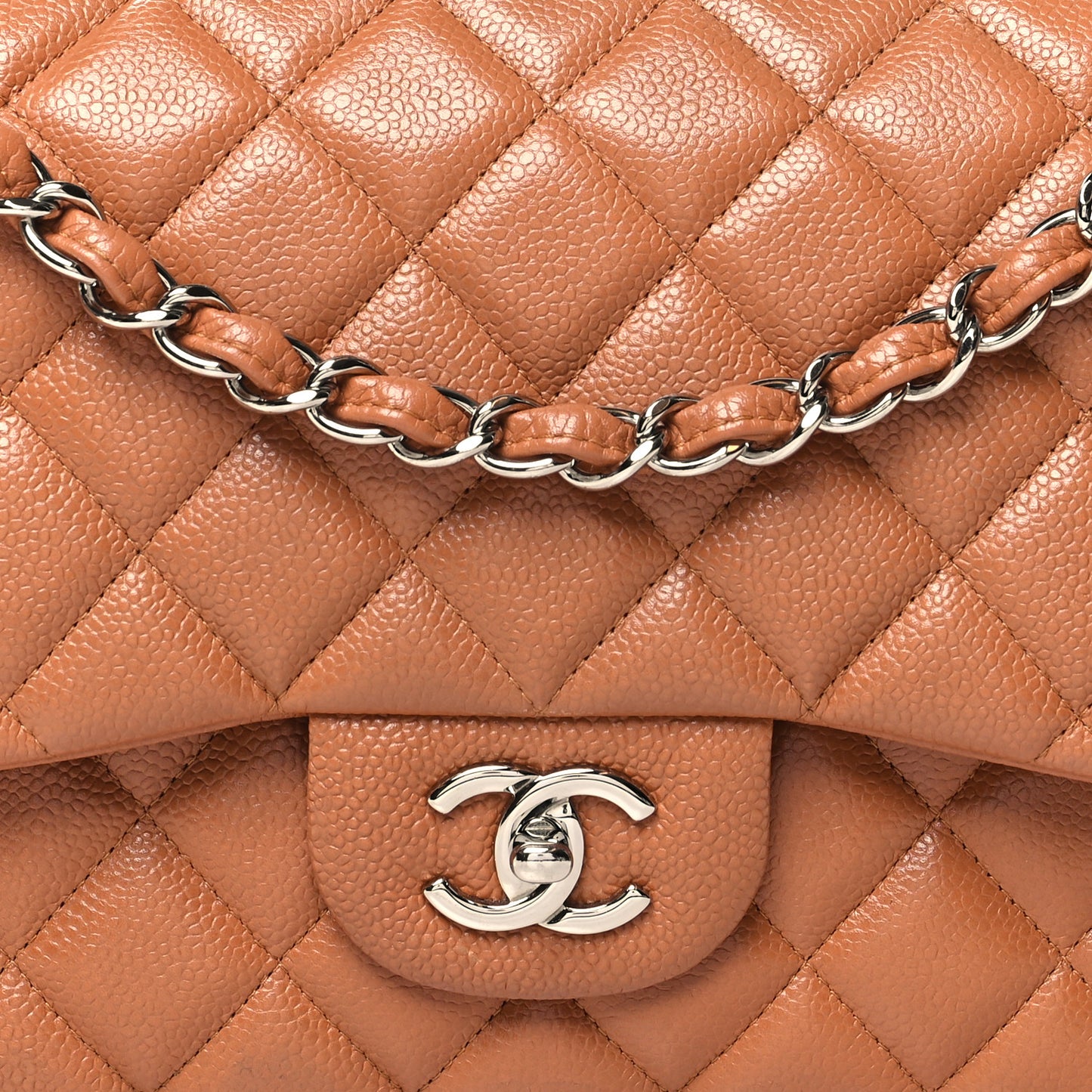 Caviar Quilted Jumbo Double Flap Light Brown
