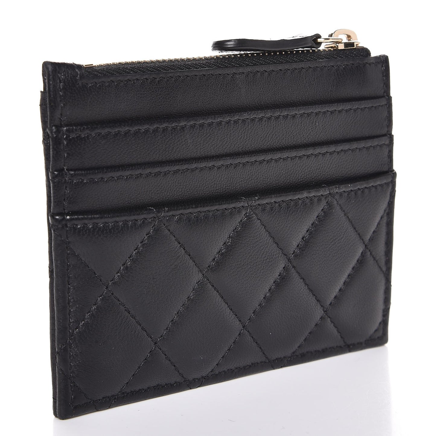 Lambskin Quilted Zip Card Holder Black