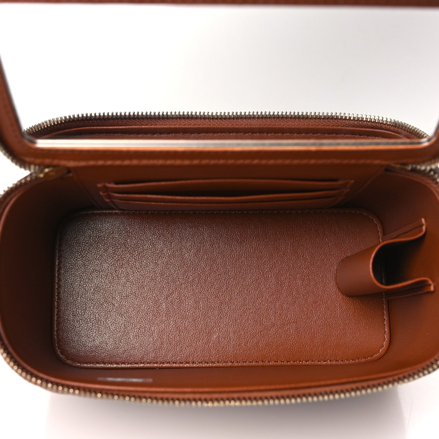 Lambskin Quilted Metal Twist Small Top Handle Vanity Case With Chain Brown