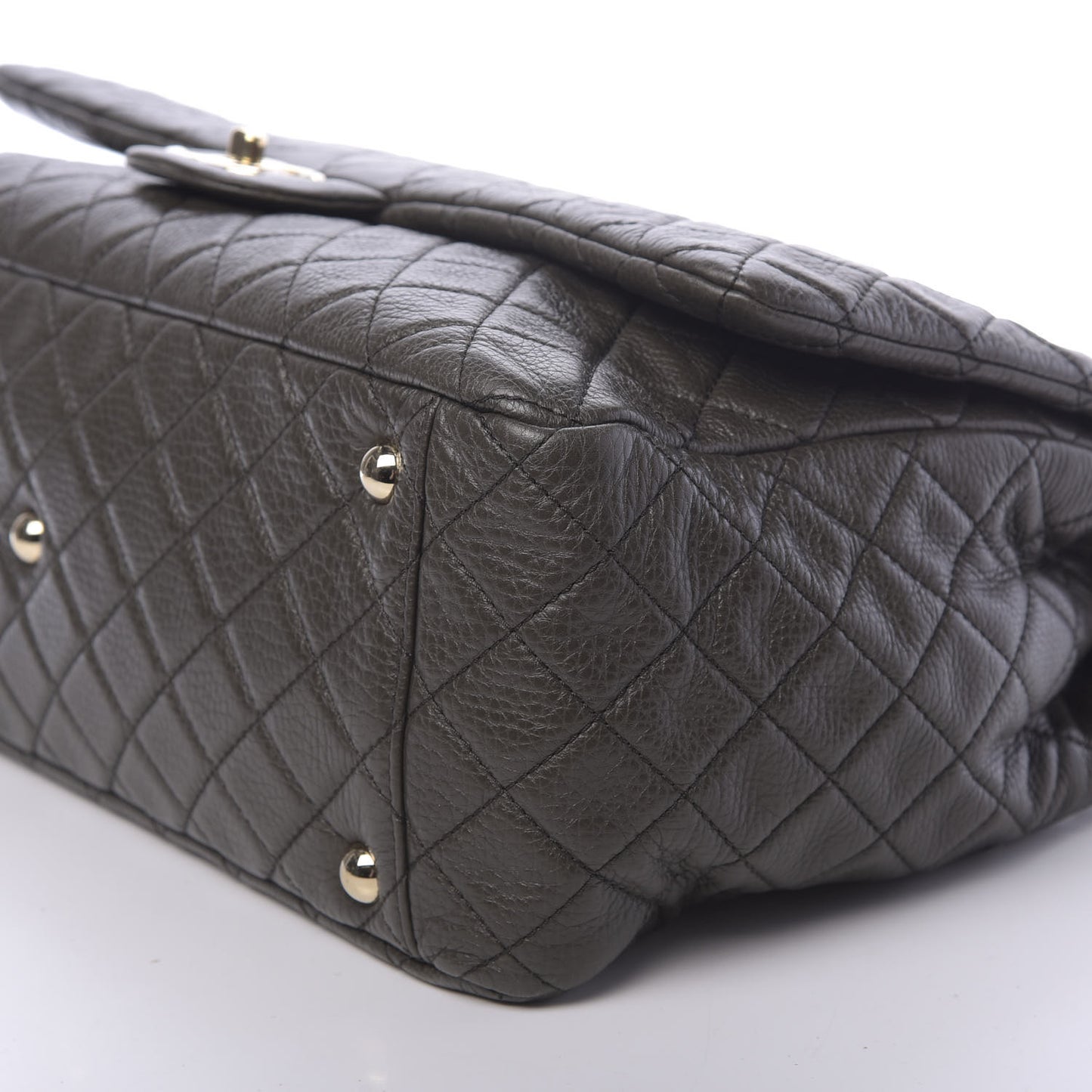 Metallized Calfskin Quilted XXL Travel Flap Bag Khaki