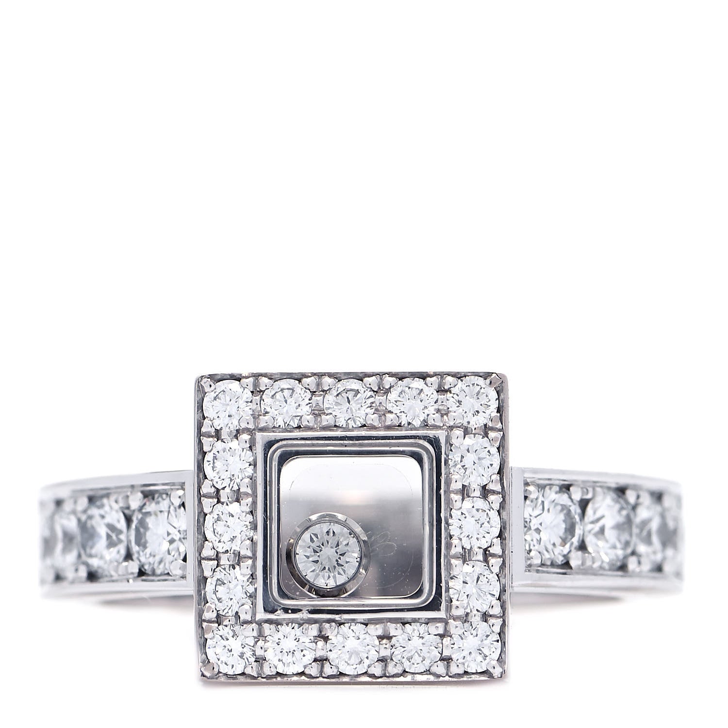Chopard 18K White Gold Diamond Happy Diamond Pave Square Ring 53 6.25 1 of 7
