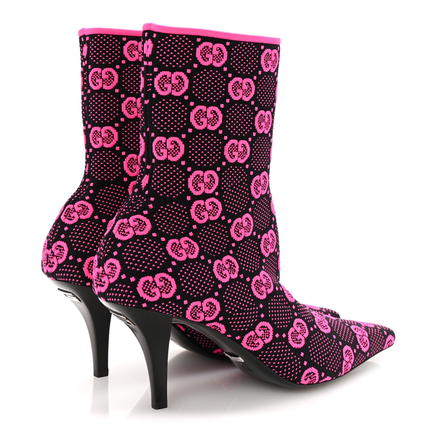 Technical Jersey Knit GG Monogram Square G 75mm Ankle Boots 38.5 Black Neon Fucsia