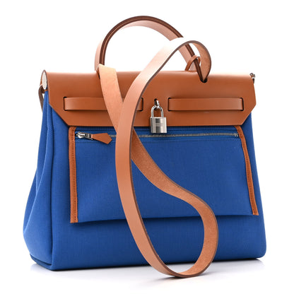 Hermes Military Toile Vache Hunter Herbag Zip Retourne 31 PM Bleu France Fauve 4 of 12