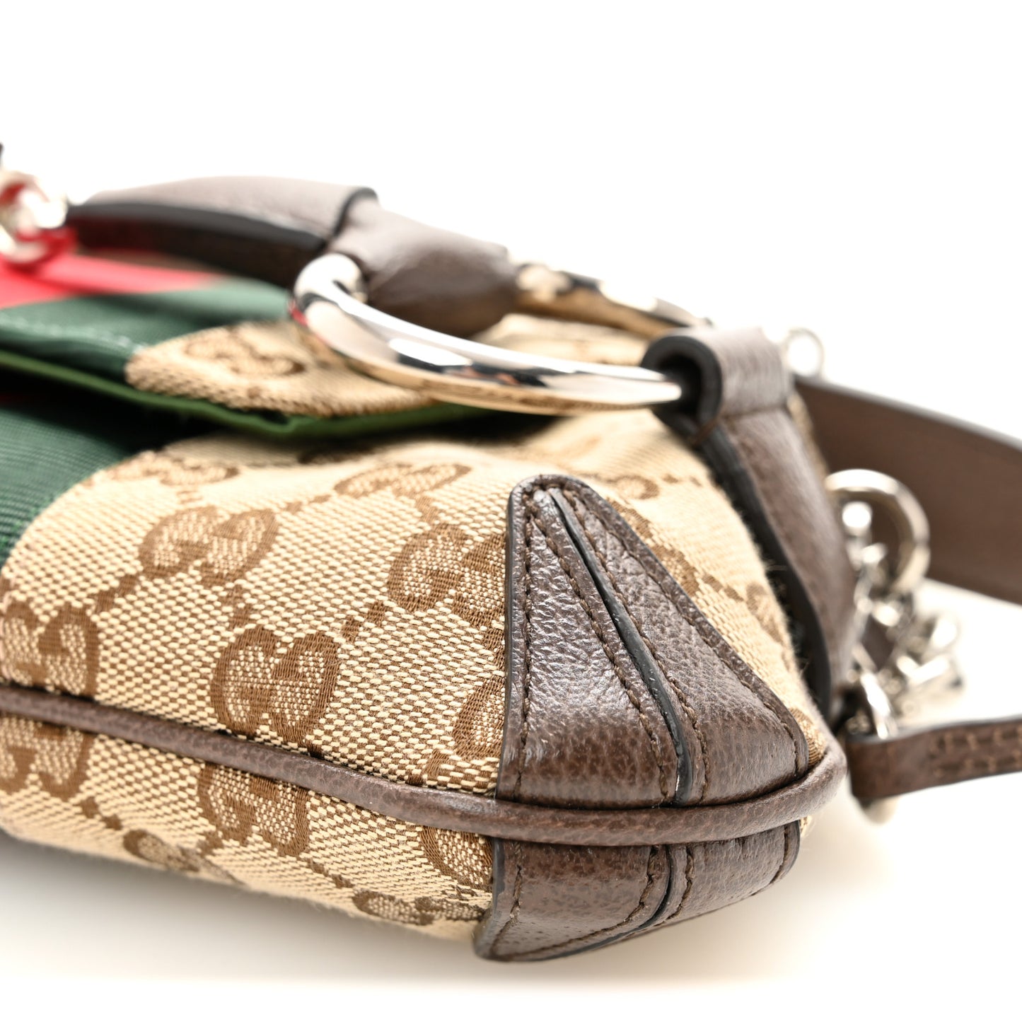 Monogram Textured Dollar Calfskin Heavy Grosgrain Web Small Maxi Horsebit Chain Shoulder Bag Beige Ebony New Acero