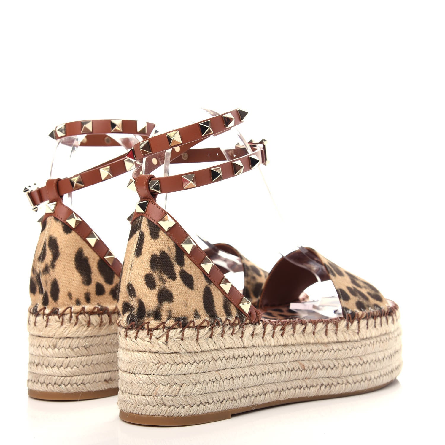 Valentino Garavani Canvas Leopard Print Rockstud Ankle Wrap Espadrille Flatform Sandals 38 Brown 4 of 11