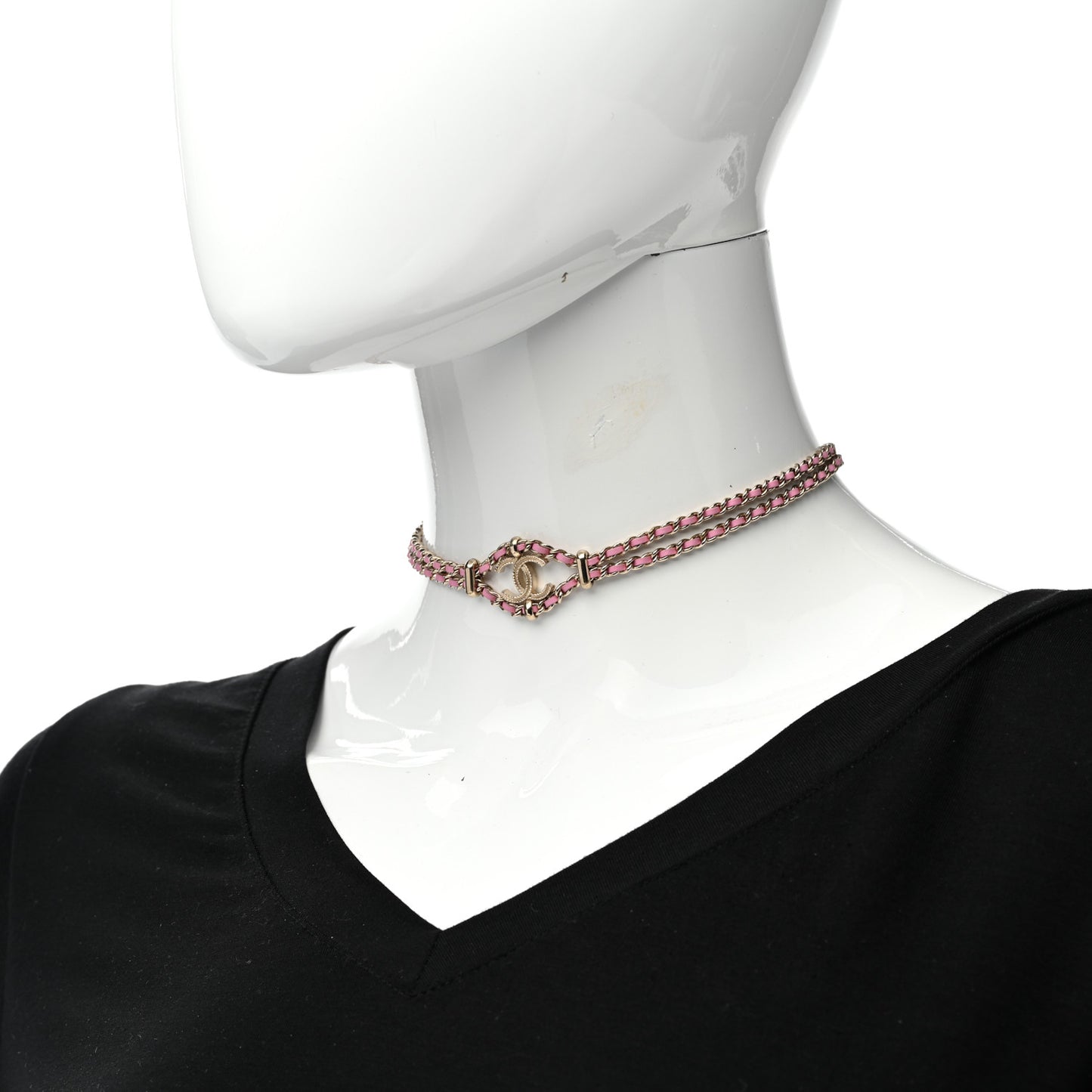 Metal Lambskin CC Chain Link Necklace Pink