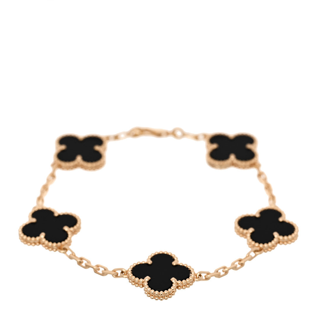 18K Yellow Gold Black Onyx 5 Motifs Vintage Alhambra Bracelet