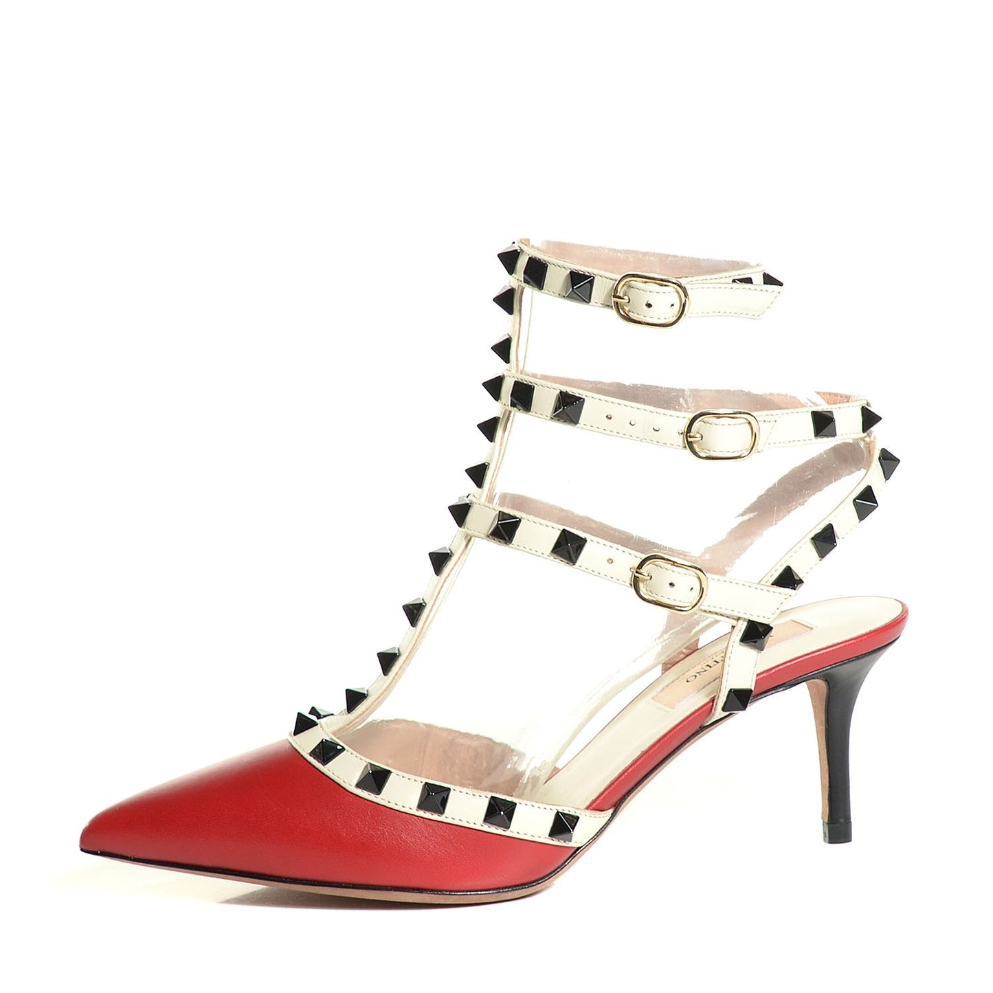 Nappa Rockstud Ankle Strap Low Heel Pumps 37 Red Ivory