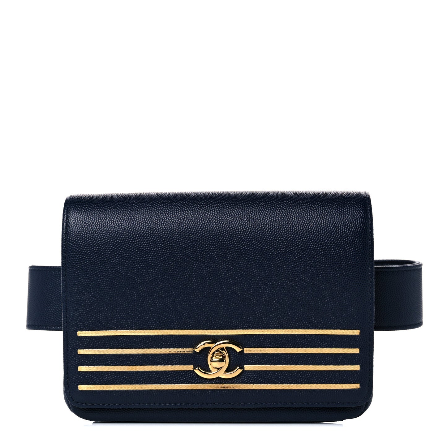 Grained Calfskin Embroidered Captain Gold Flap Belt Bag Navy