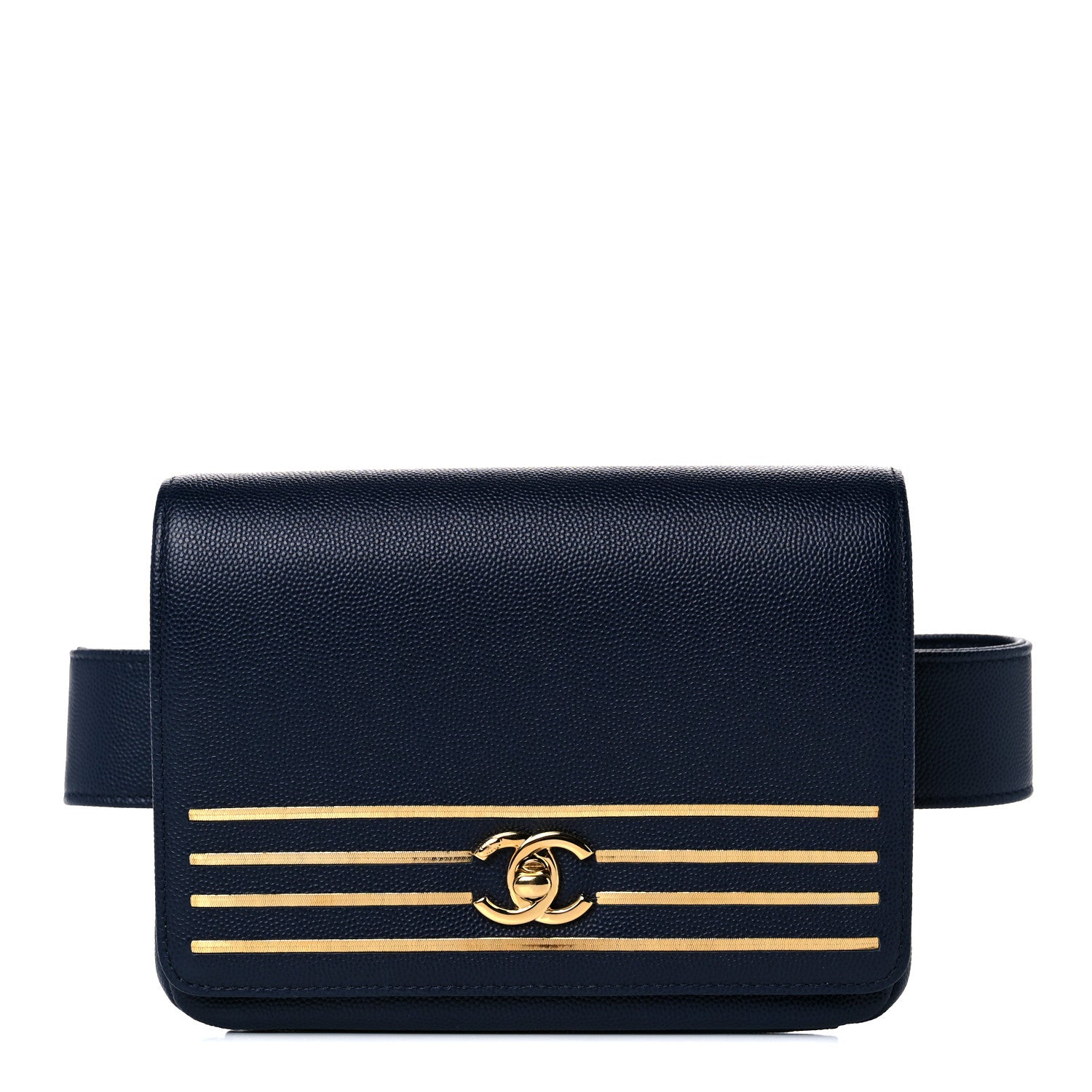 Chanel Grained Calfskin Embroidered Captain Gold Flap Belt Bag Navy 1 of 9
