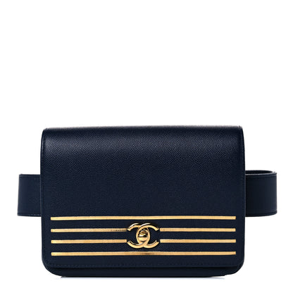 Chanel Grained Calfskin Embroidered Captain Gold Flap Belt Bag Navy 1 of 9