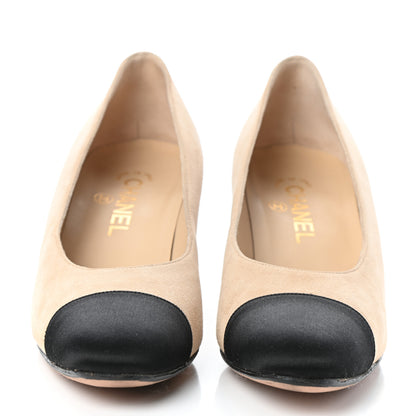 Chanel Suede Satin Cap Toe Low Heel Pumps 38.5 Beige Black 2 of 8