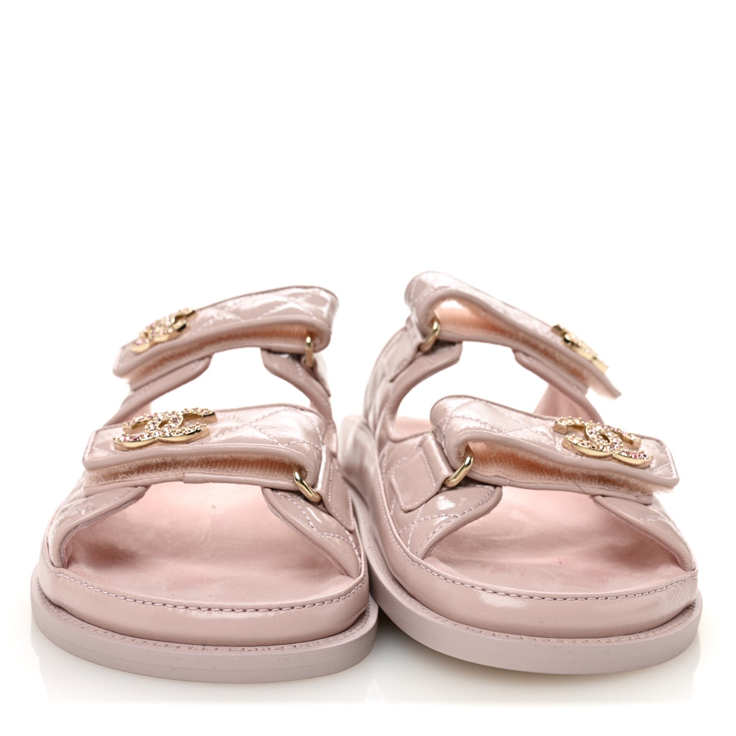 Chanel Shiny Calfskin Quilted Velcro Dad Crystal CC Slide Sandals 37 Light Pink 3 of 11