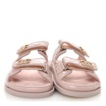 Chanel Shiny Calfskin Quilted Velcro Dad Crystal CC Slide Sandals 37 Light Pink 3 of 11