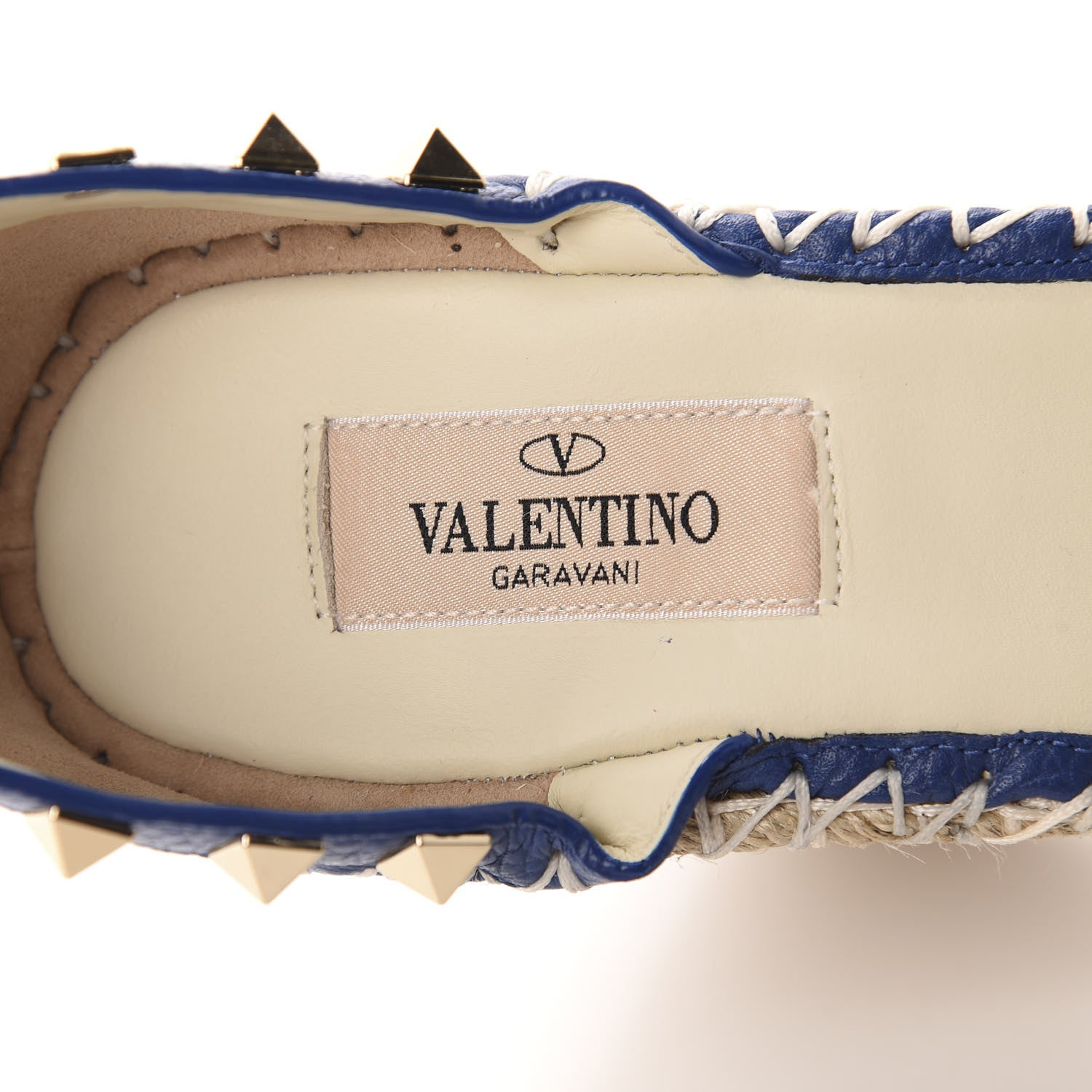 Valentino Garavani Grained Calfskin Rockstud Ankle Strap Espadrille 15/105mm Wedge Sandals 38 Blu Delft Natural 8 of 10
