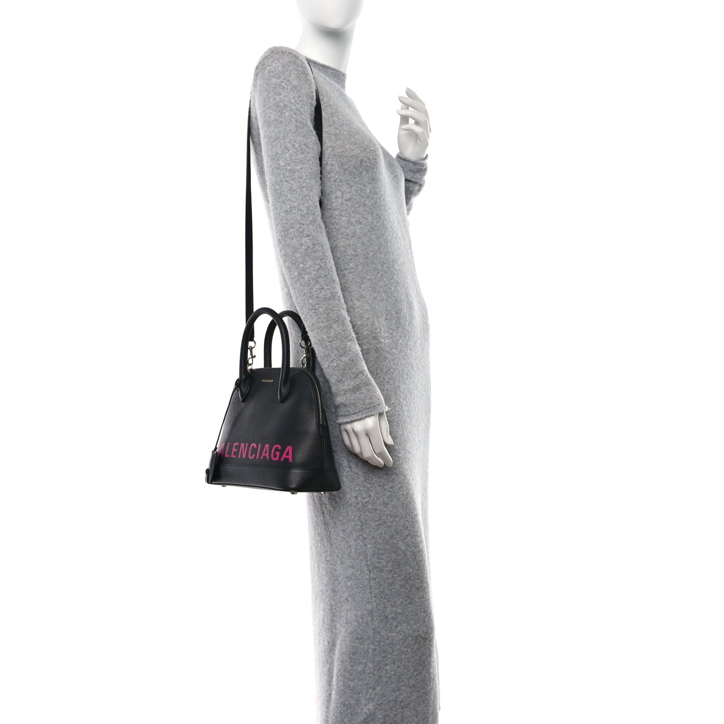 Signature Grained Calfskin Logo S Ville Top Handle Bag Black Rose Shocking