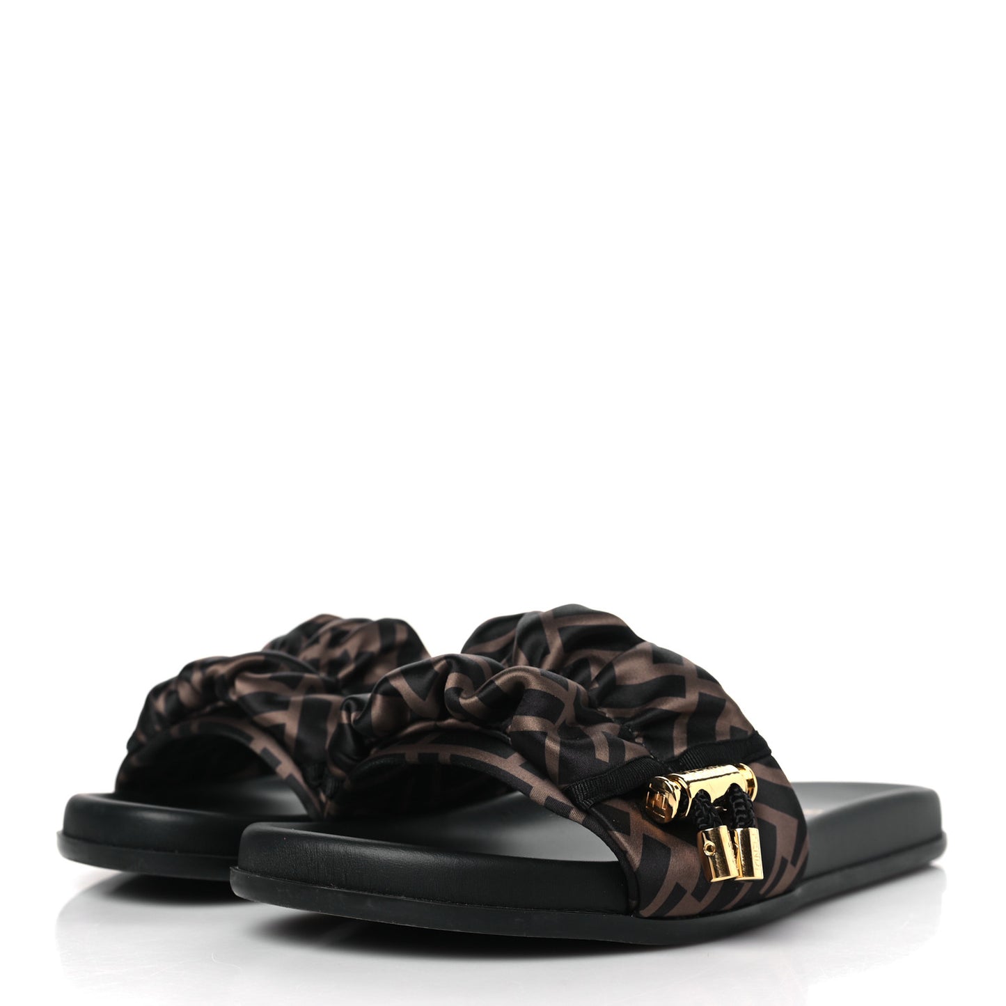 Satin FF Fendi Feel Slide Sandals 38 Tobacco Black
