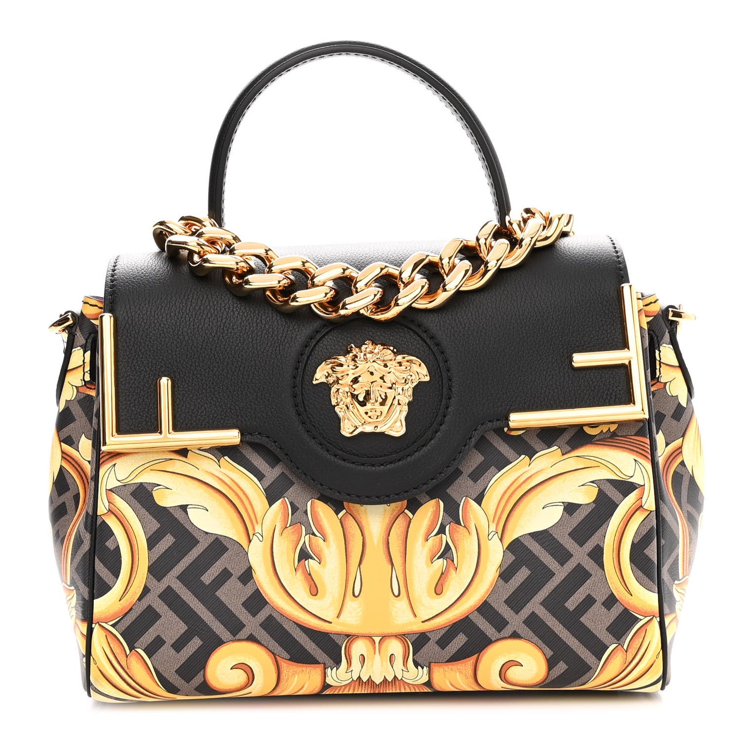 X FENDI Grained Calfskin Fendace La Medusa Medium Top Handle Bag Black Multicolor